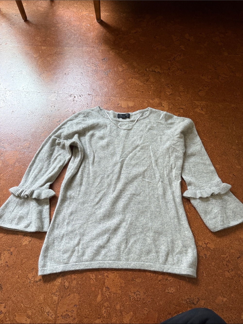 Charter Club Light Gray Ruffle Bell Sleeve Crewneck Sweater